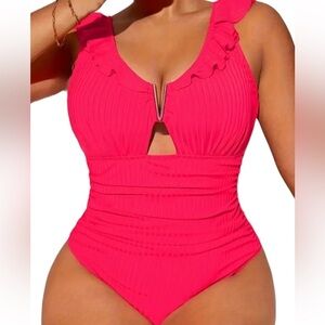 Coral One Piece Swimsuit Ribbed with Ruffle Shoulders Size 2X New without Tags!